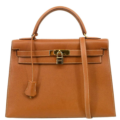 Hermes 1997 Gold Courchevel Kelly 32 Sellier 2way Shoulder Handbag
