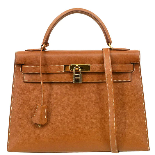 Hermes 1997 Gold Courchevel Kelly 32 Sellier 2way Shoulder Handbag