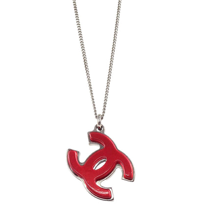 Chanel CC Chain Pendant Necklace Acrylic Silver Red Black 05P