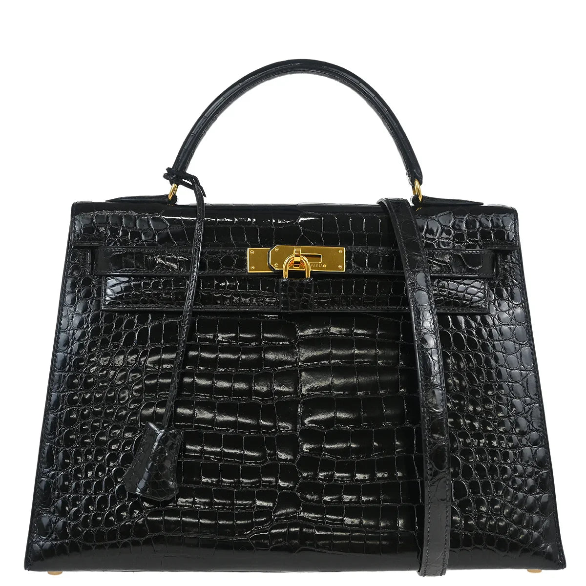 Hermes * 1993 Black Porosus Crocodile Kelly 32 Sellier Handbag