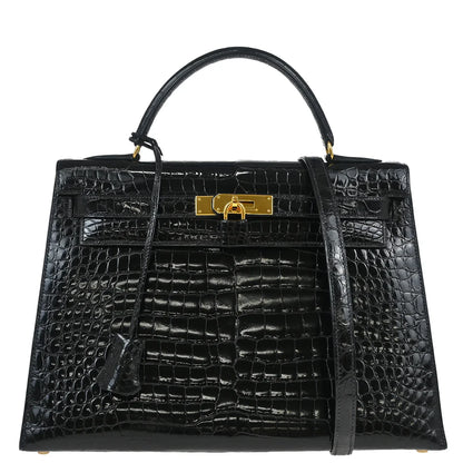 Hermes * 1993 Black Porosus Crocodile Kelly 32 Sellier Handbag