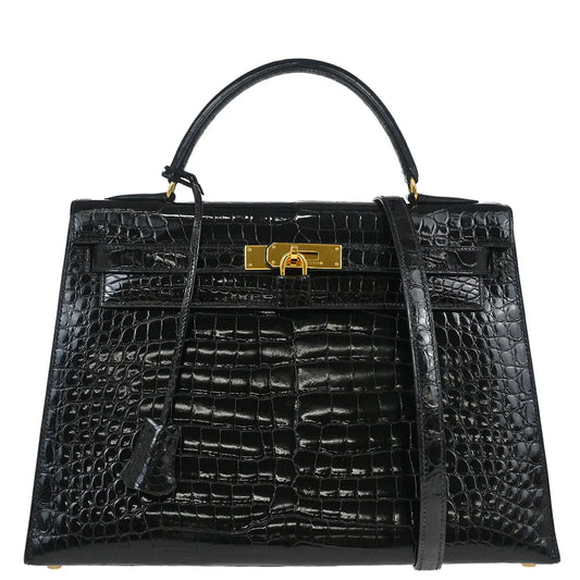 Hermes * 1993 Black Porosus Crocodile Kelly 32 Sellier Handbag