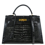 Hermes * 1993 Black Porosus Crocodile Kelly 32 Sellier Handbag