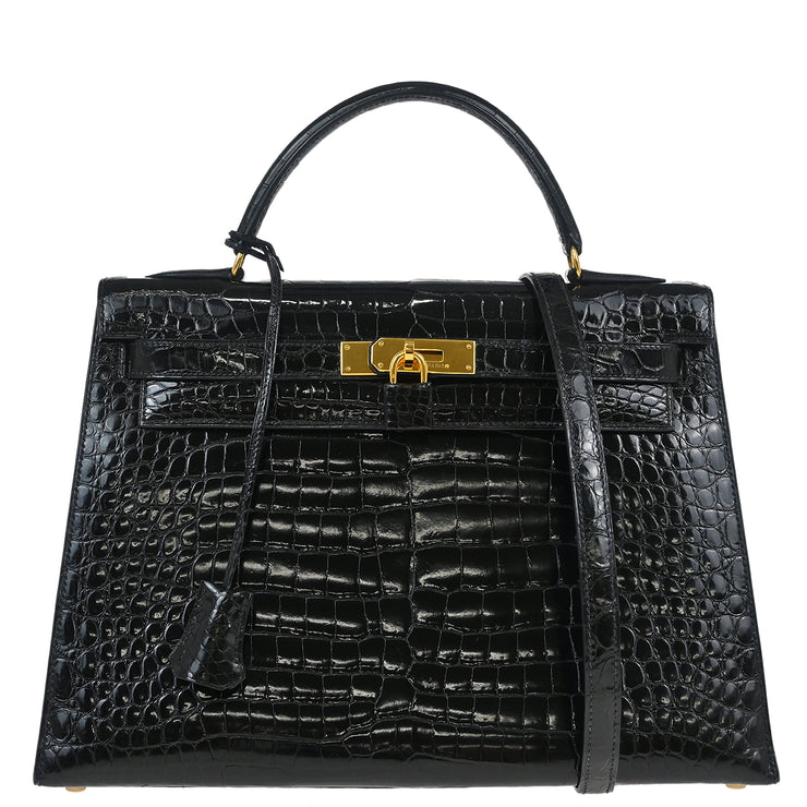 Hermes * 1993 Black Porosus Crocodile Kelly 32 Sellier Handbag