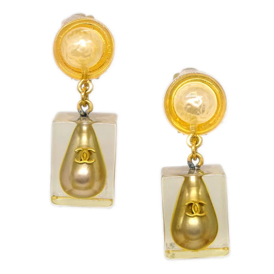 Chanel Costume Pearl Dangle Earrings Clip-On 97P