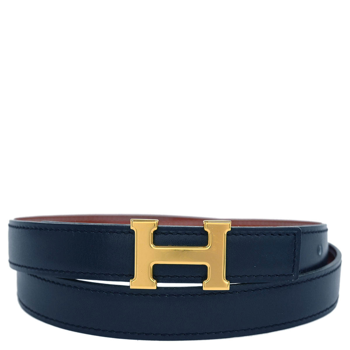 Hermes 1997 Navy Box Calf Constance Reversible Belt #80 Small Good