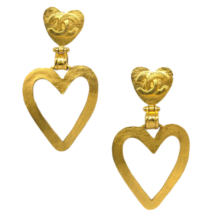 Chanel Heart Dangle Earrings Gold Clip-On 95P