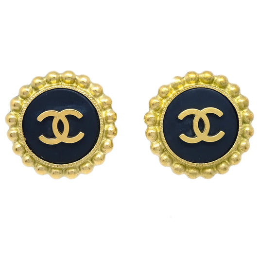 Chanel Gold Black Button Earrings Clip-On 95P
