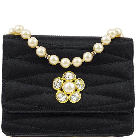 Chanel Black Rhinestone Artificial Pearl Chain Straight Flap Bag