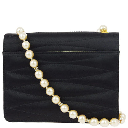 Chanel Black Rhinestone Artificial Pearl Chain Straight Flap Bag