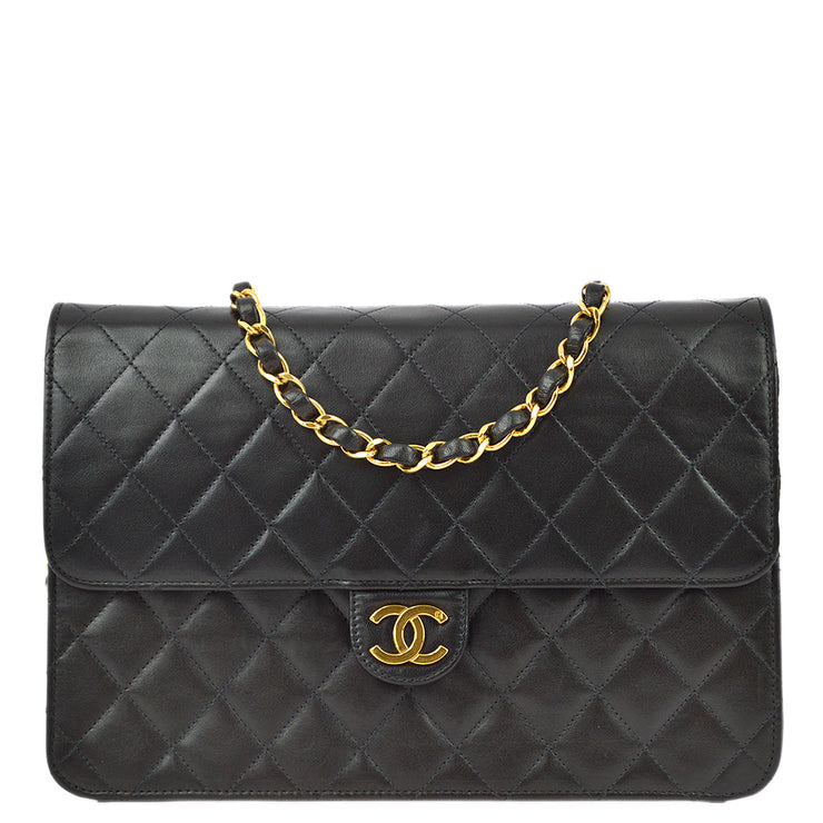 Chanel 2000-2001 Black Lambskin Medium Pushlock Halp Flap Shoulder Bag