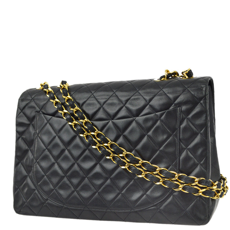 Chanel 1991-1994 Black Lambskin Maxi Classic Flap Shoulder Bag