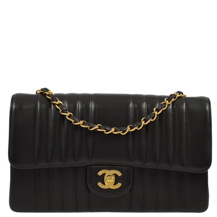 Chanel 1991-1994 Black Lambskin Mademoiselle Medium Shoulder Bag