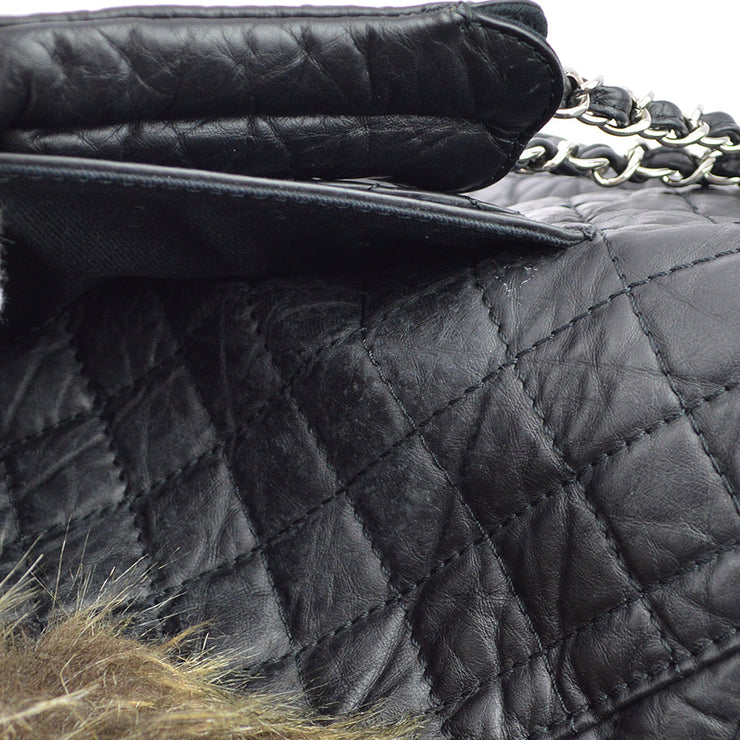 Chanel * Black Calfskin Fur 2way Shoulder Tote Handbag