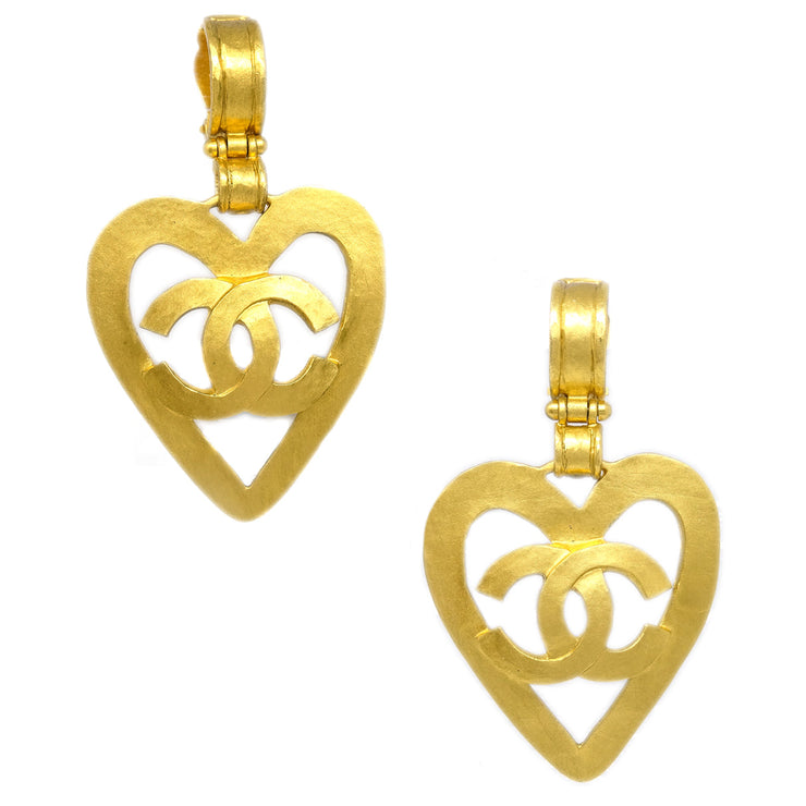 Chanel Dangle Heart Earrings Gold Clip-On 95P