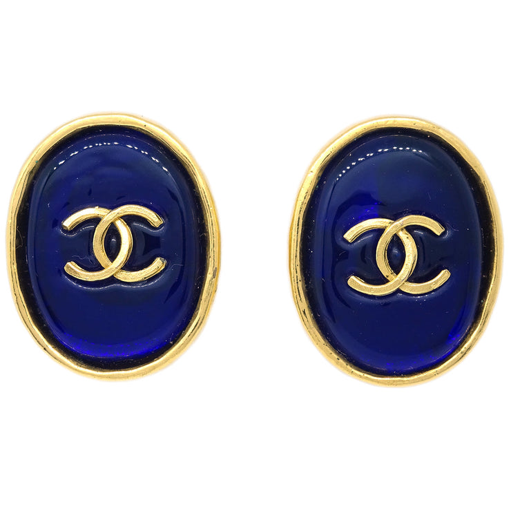 Chanel Gripoix Oval Earrings Clip-On Blue 93A