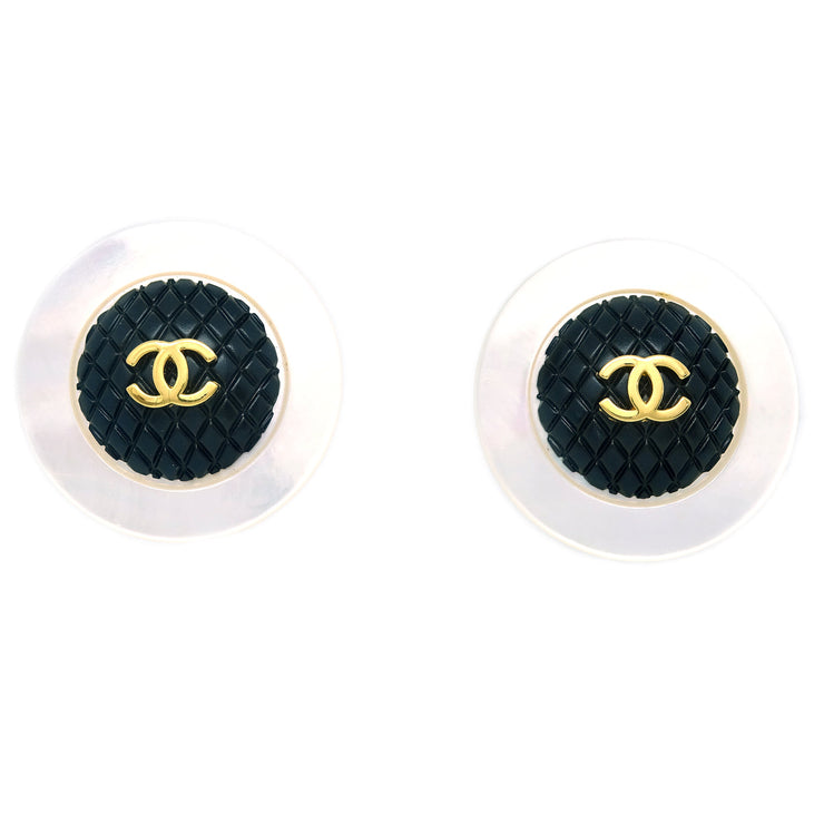 Chanel White Black Button Shell Earrings Clip-On