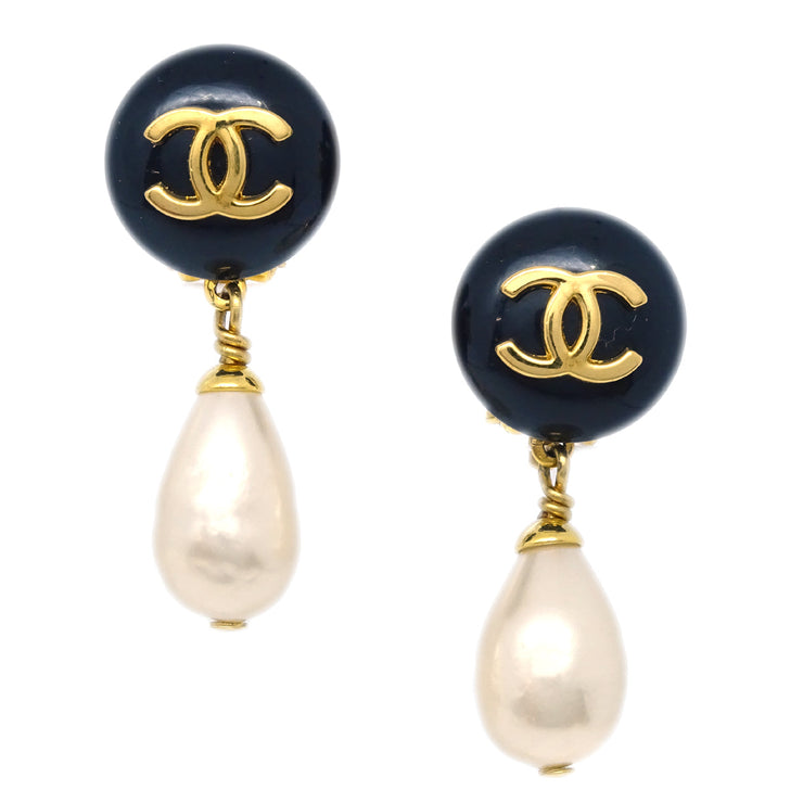 Chanel Artificial Pearl Dangle Earrings Clip-On Gold 96P