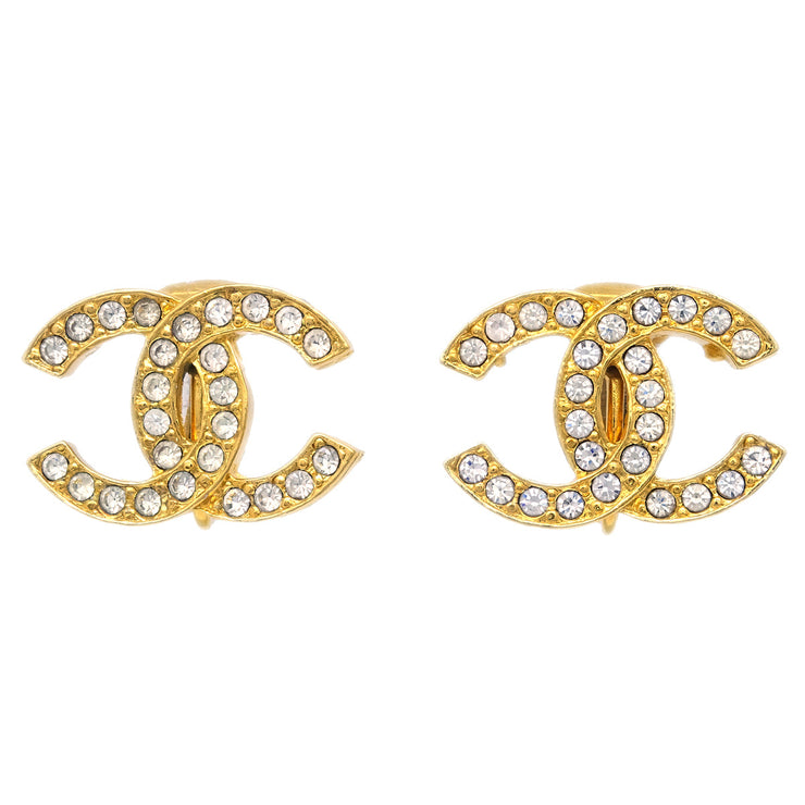 Chanel CC Rhinestone Earrings Clip-On Gold 2084