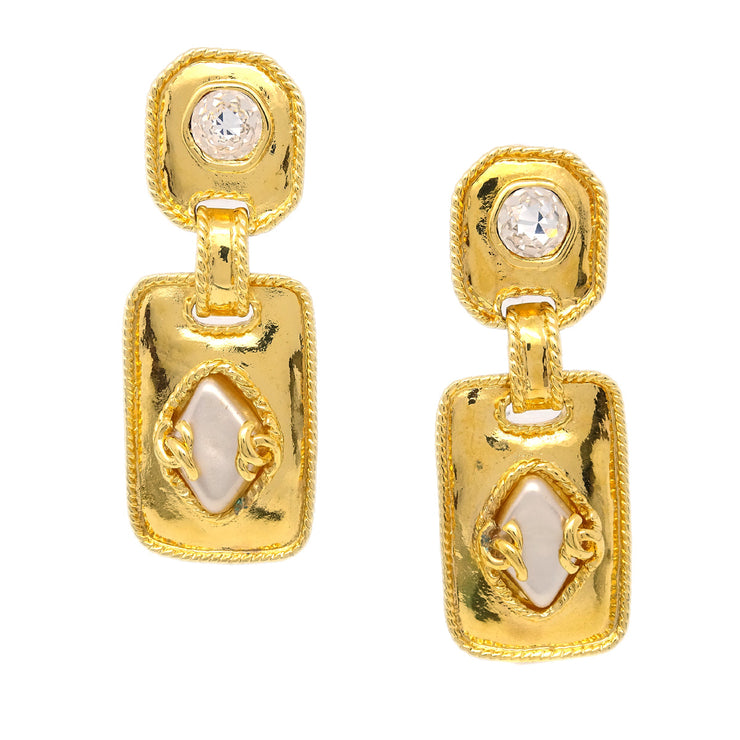 Chanel Artificial Pearl Rhinestone Dangle Earrings Clip-On Gold 95A