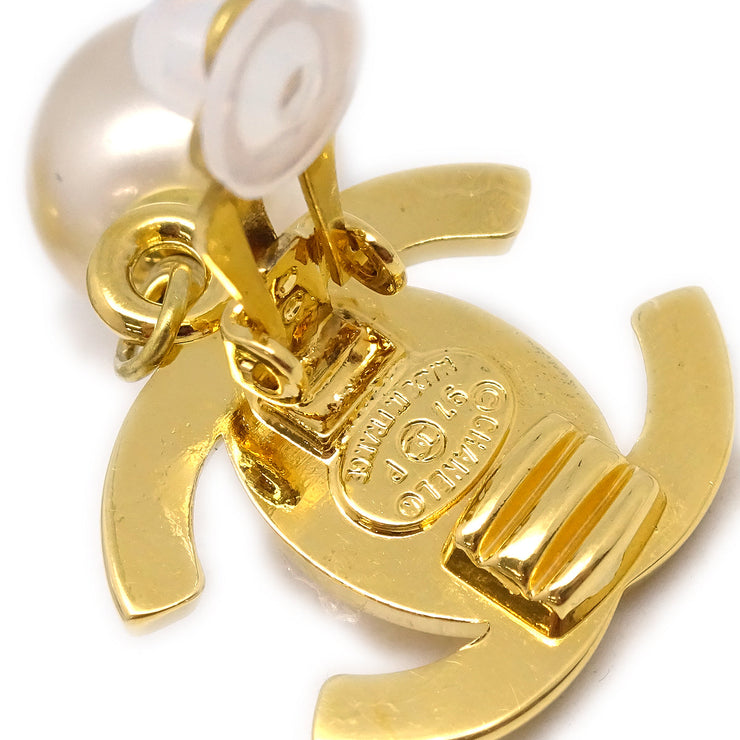 Chanel Turnlock Artificial Pearl Dangle Earrings Clip-On Gold 97P