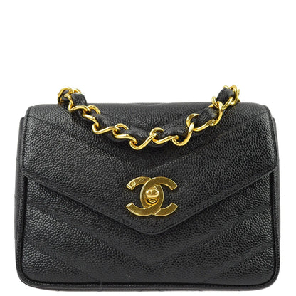 Chanel 1994-1996 Black Caviar Chevron Mini Square Shoulder Bag 17