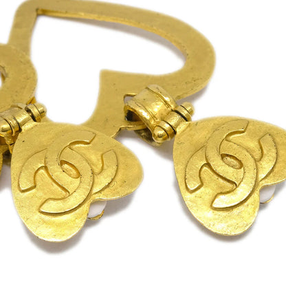 Chanel Heart Dangle Hoop Earrings Gold Clip-On 95P