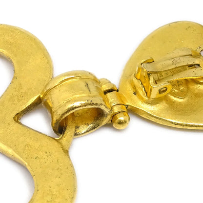 Chanel Heart Dangle Hoop Earrings Gold Clip-On 95P