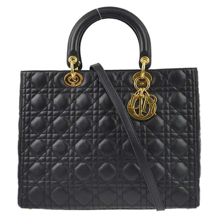 Christian Dior 1999 Black Lambskin Lady Dior Cannage 2way Shoulder Handbag