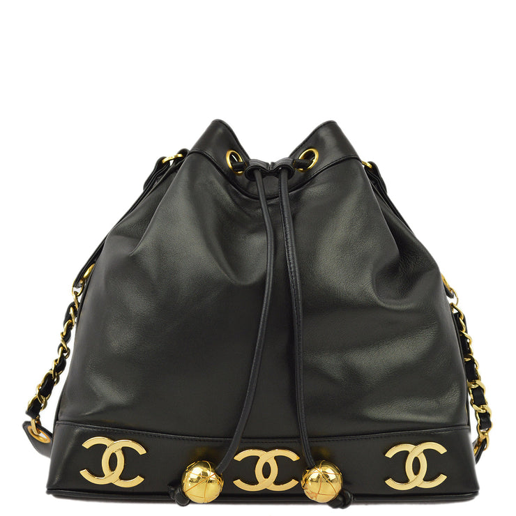 Chanel 1991-1994 Black Lambskin Triple CC Bucket Shoulder Bag