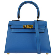 Hermes 2003 Blue Courchevel Kelly 20 Sellier 2way Shoulder Handbag