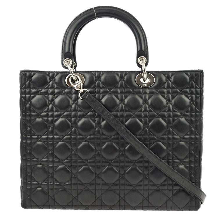 Christian Dior 2004 Black Lambskin Lady Dior Cannage 2way Shoulder Handbag