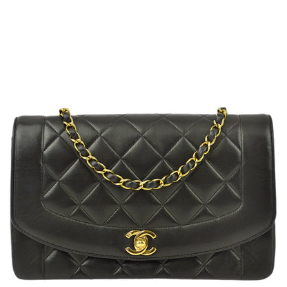 Chanel 1991-1994 Black Lambskin Medium Diana Shoulder Bag