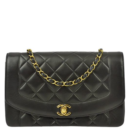 Chanel 1991-1994 Black Lambskin Medium Diana Shoulder Bag