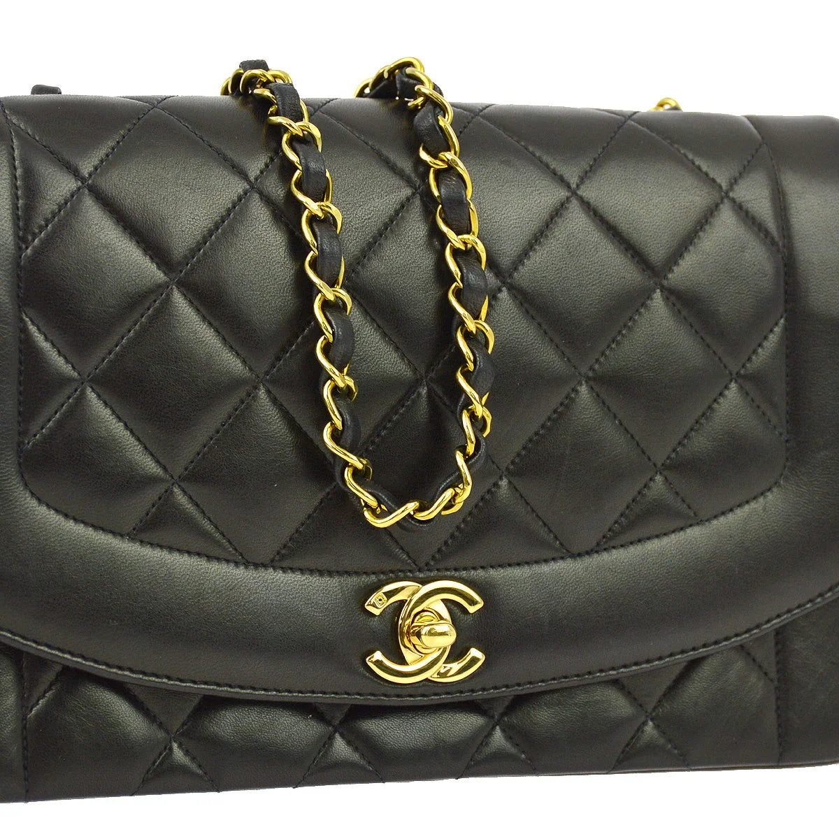 Chanel 1991-1994 Black Lambskin Medium Diana Shoulder Bag