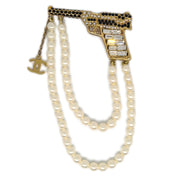 Chanel Gun Brooch Pin Rhinestone Artificial Pearl Gold 01A