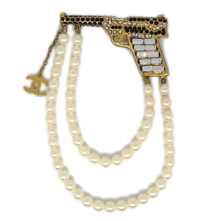 Chanel Gun Brooch Pin Rhinestone Artificial Pearl Gold 01A
