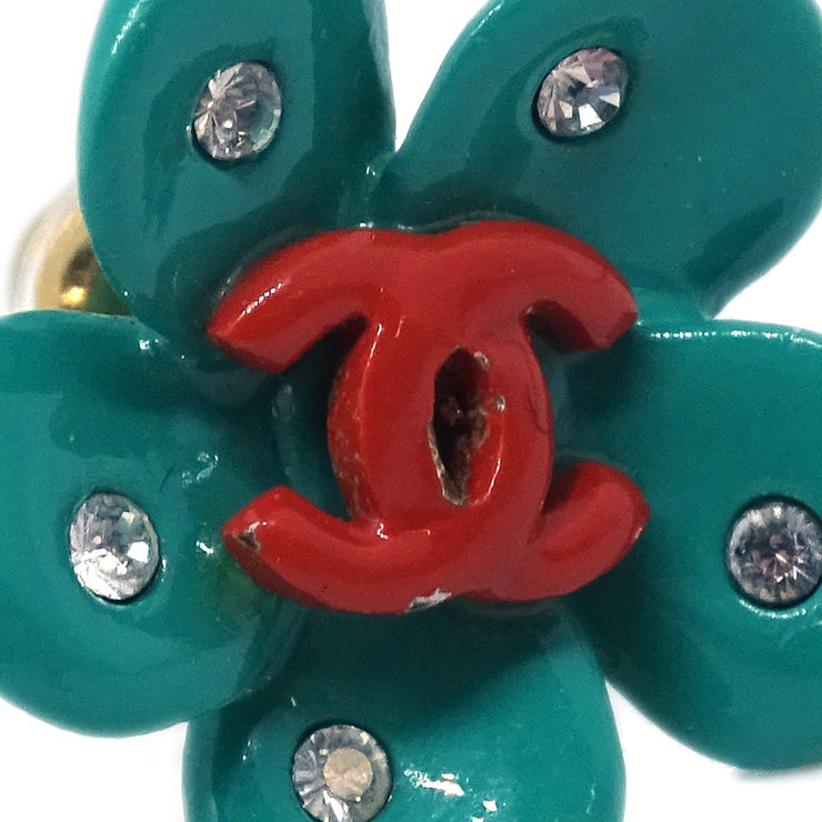 Chanel Flower Piercing Earrings Rhinestone Green 04P
