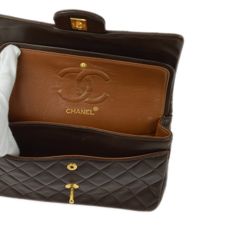 Chanel 1989-1991 Brown Lambskin Small Classic Double Flap Shoulder Bag