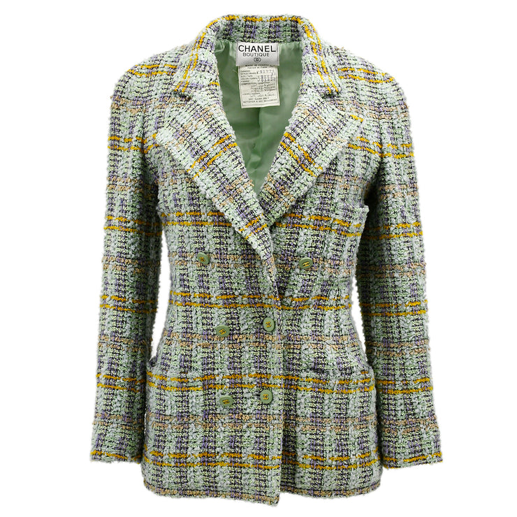 Chanel Double Breasted Jacket Green Tweed 94A #36
