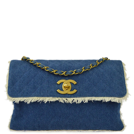 Chanel 1997-1999 Blue Denim Maxi Straight Flap Bag