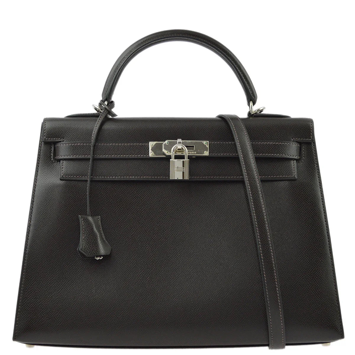 Hermes 2003 Chocolat Veau Grain Lisse Kelly 32 Sellier 2way Shoulder Handbag