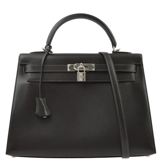 Hermes 2003 Chocolat Veau Grain Lisse Kelly 32 Sellier 2way Shoulder Handbag