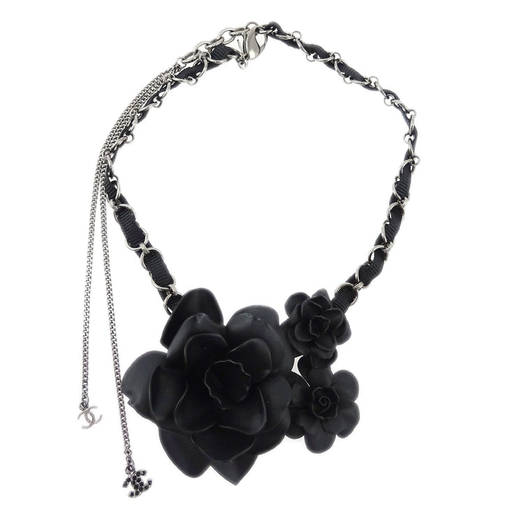 Chanel Camellia Chain Pendant Necklace Black 09A