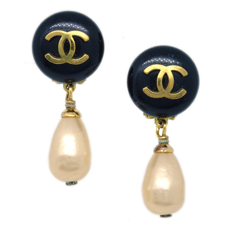 Chanel Artificial Pearl Dangle Earrings Clip-On Gold 94P