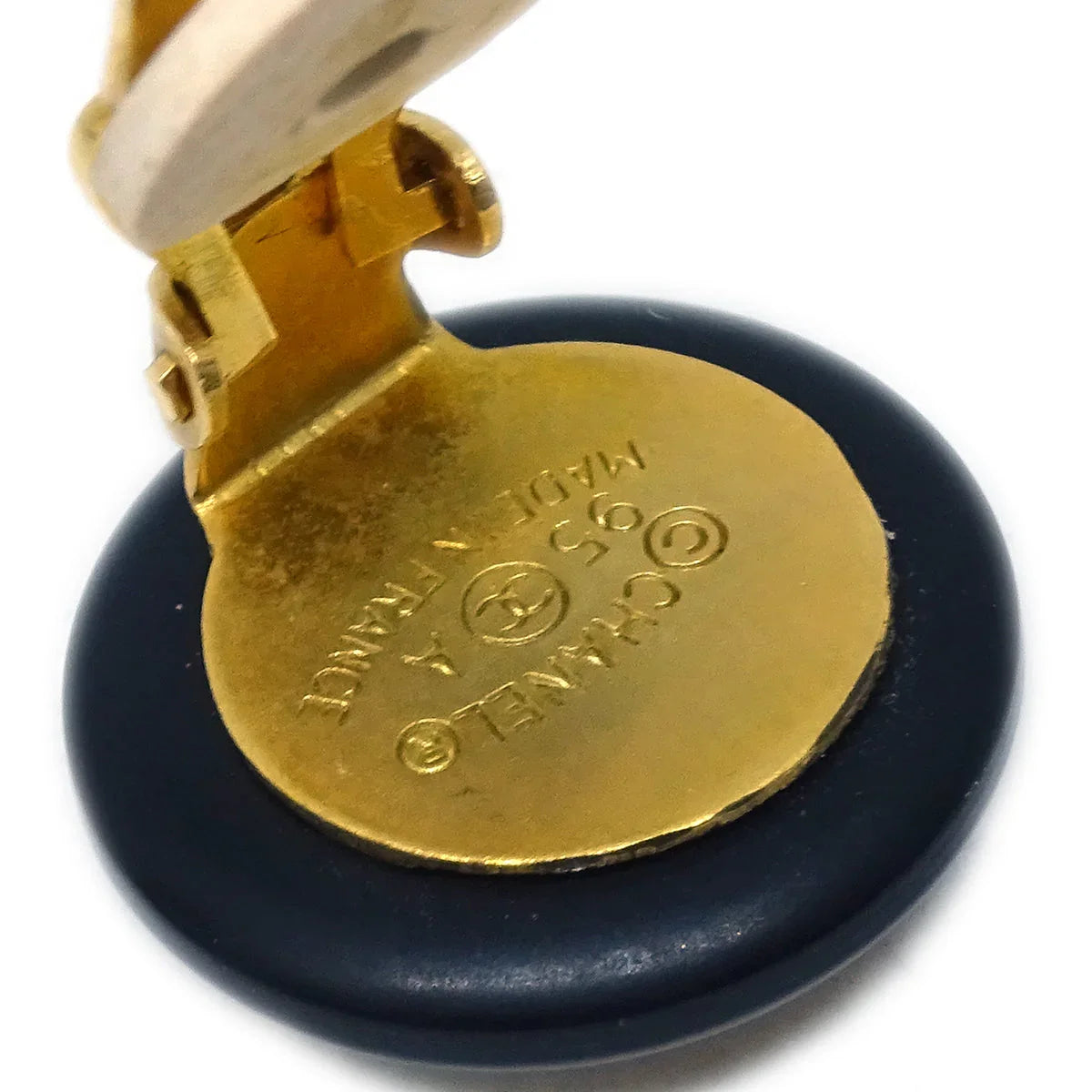 Chanel Button Earrings Clip-On Black Gold 95A