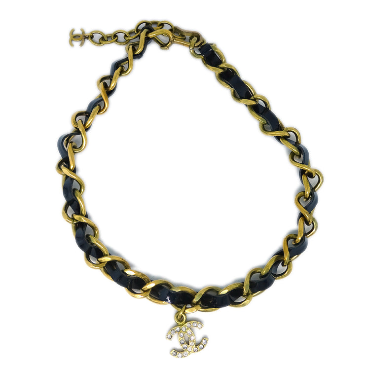 Chanel CC Rhinestone Pendant Necklace Gold Black 95P