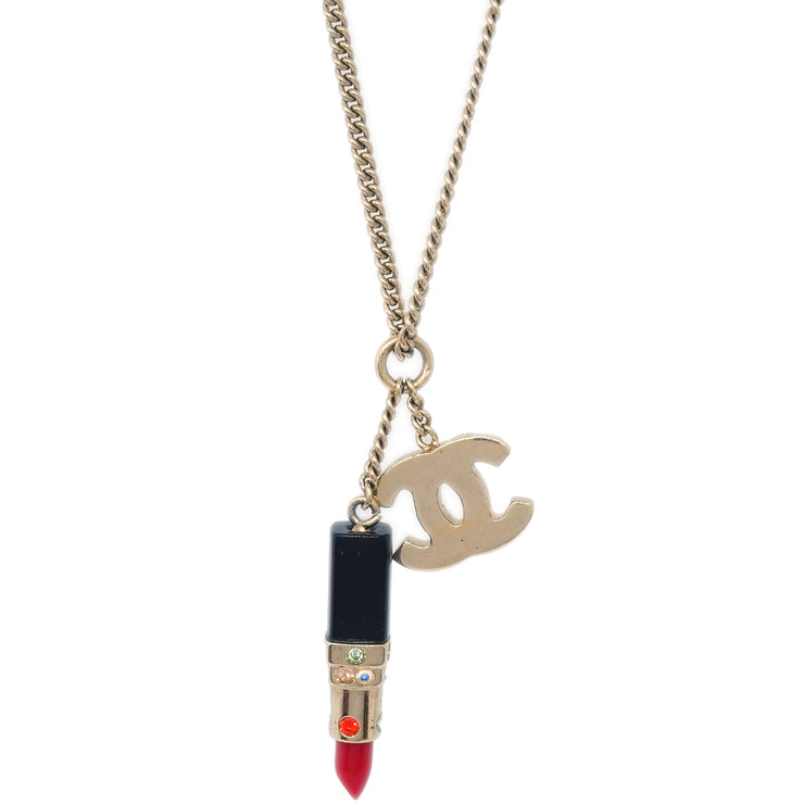 Chanel Lipstick Chain Pendant Necklace Rhinestone Gold 04A