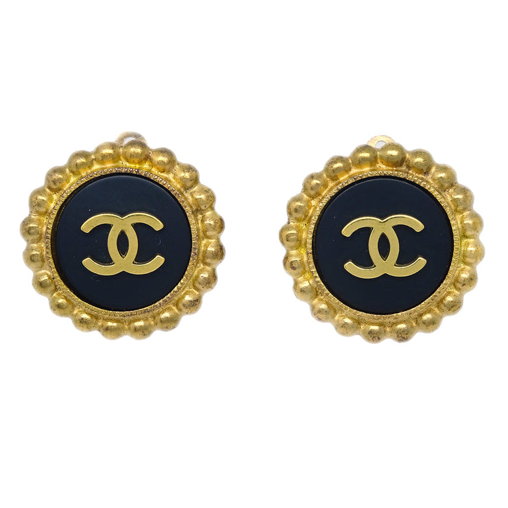 Chanel Gold Black Button Earrings Clip-On 95P