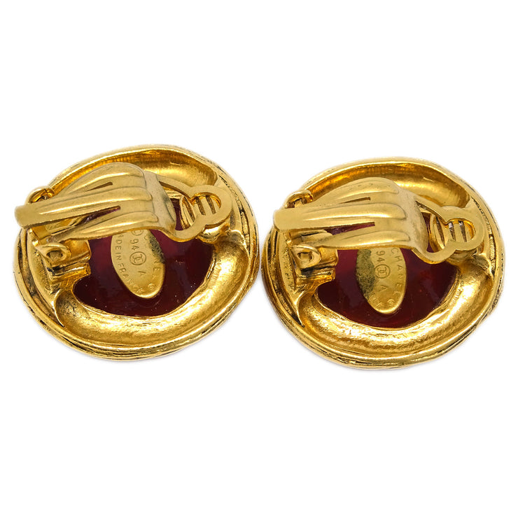 Chanel Gripoix Button Earrings Clip-On Gold Red 94A